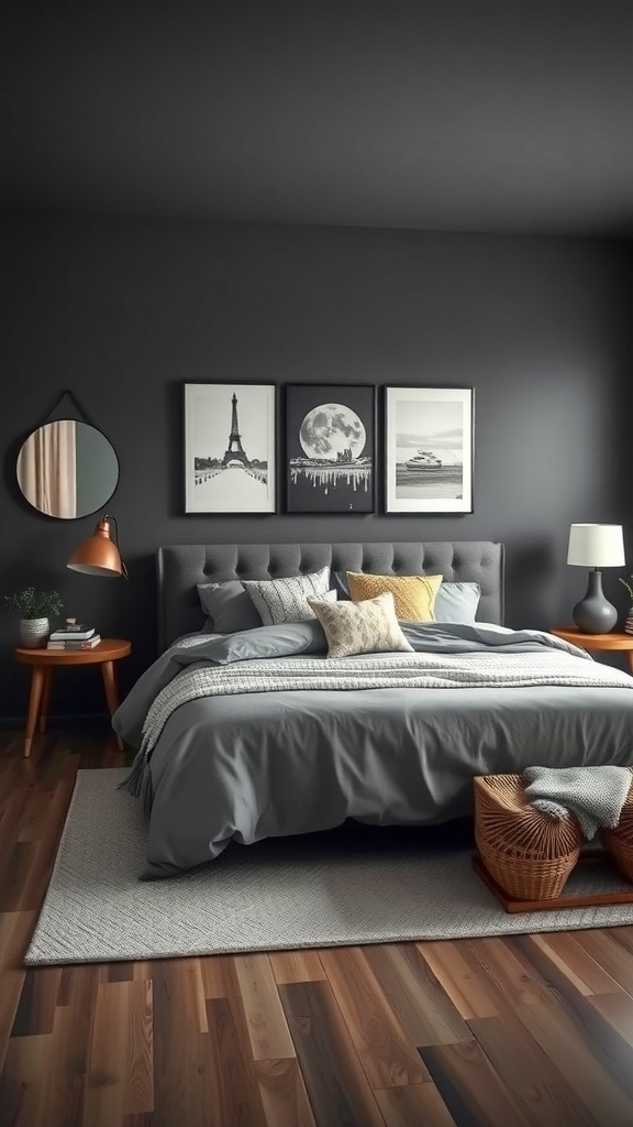 A dark grey bedroom featuring a stylish bed, decorative pillows, and seasonal decor ideas.