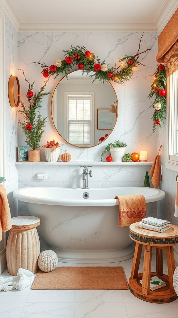 A beautifully decorated marble bathroom featuring a circular mirror, festive garland, and warm accents.