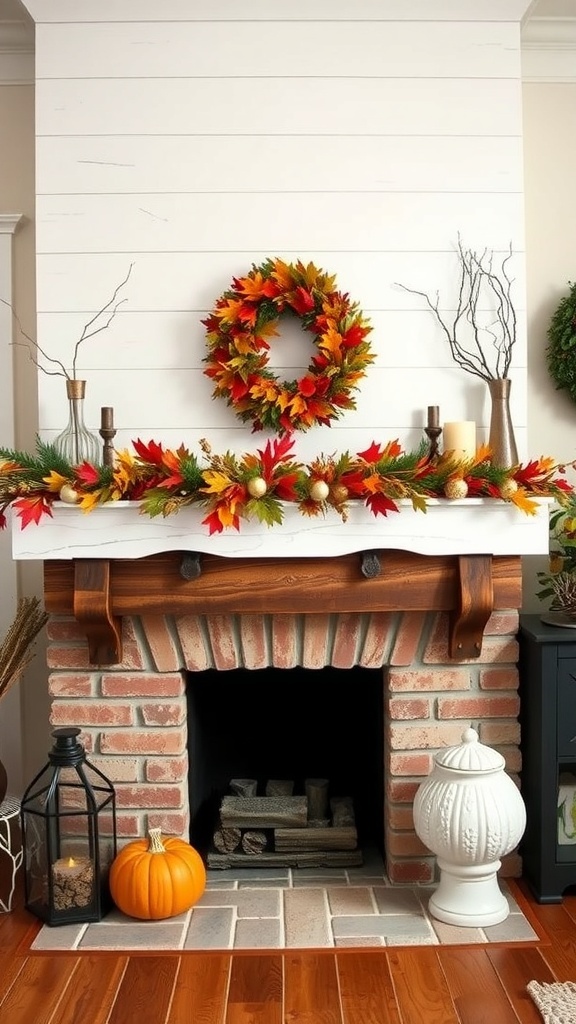 A rustic farmhouse fireplace decorated for fall with a wreath, garland, candles, and pumpkins.