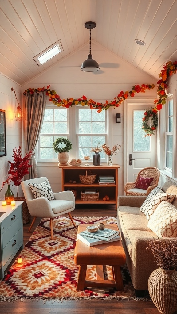Cozy tiny home living room decorated for autumn with garlands, candles, and plants.