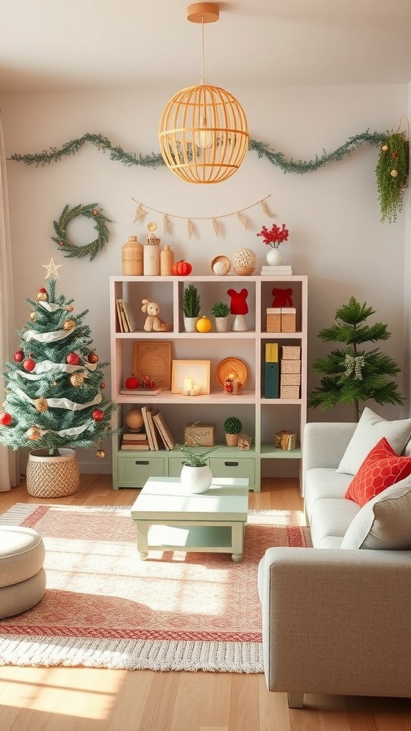 A cozy living room decorated for the holiday season with a Christmas tree, colorful ornaments, and festive decor.