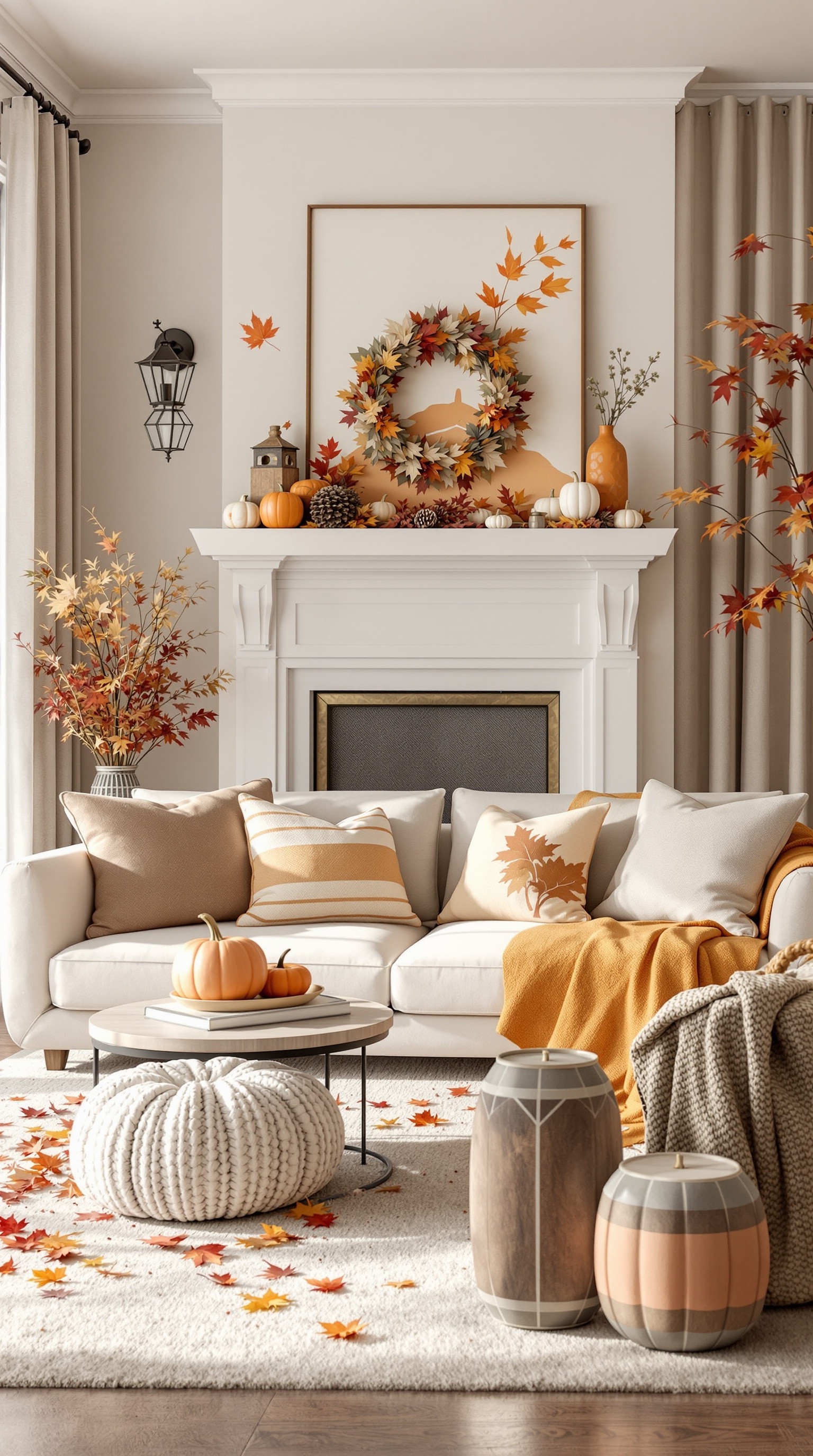 Cozy living room decorated for autumn with pumpkins, leaves, and warm colors.