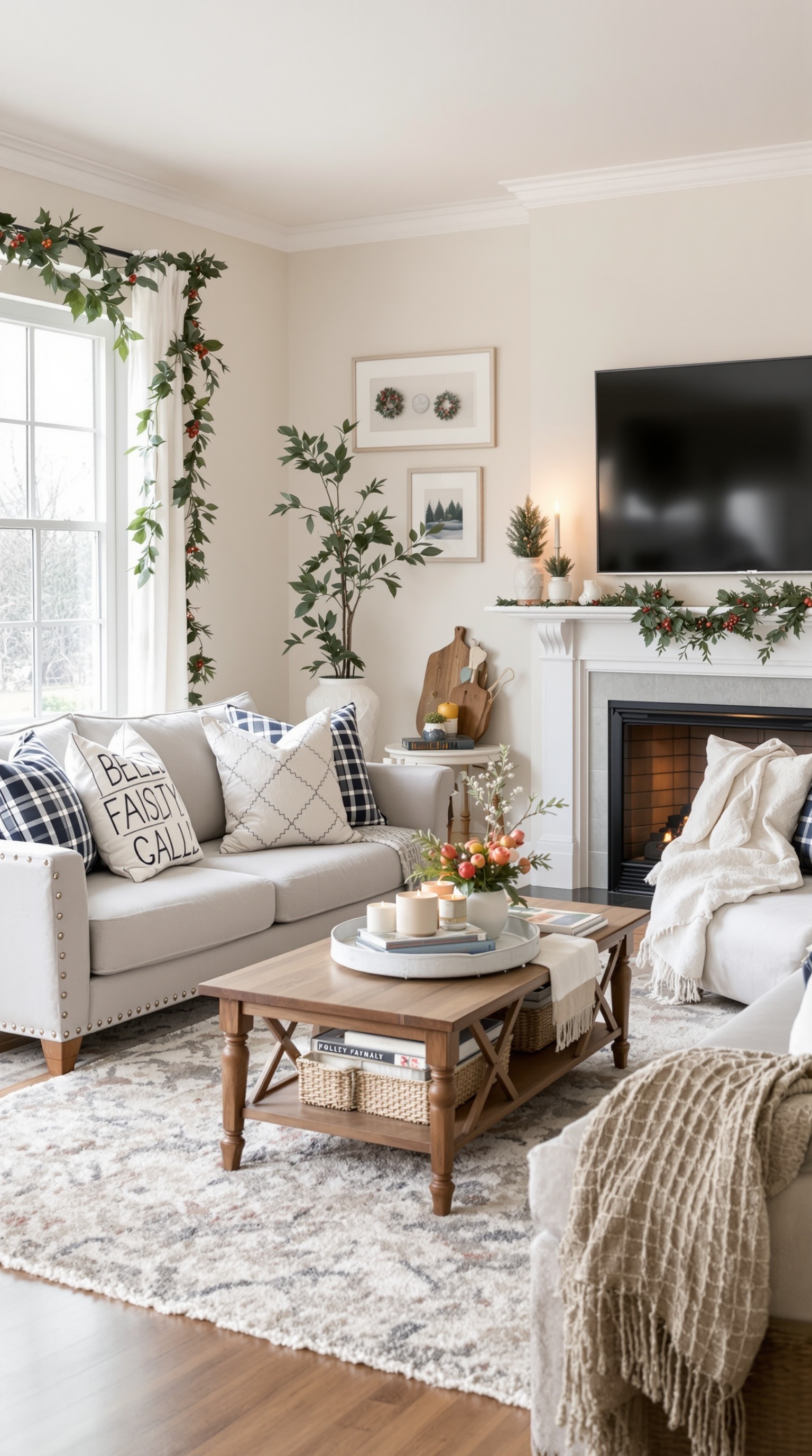 A cozy basement family room decorated for the seasons with warm blankets, pillows, and seasonal decor.