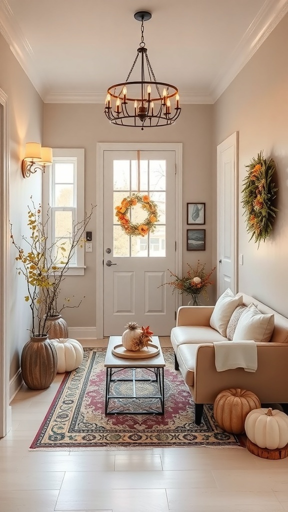 A cozy entryway decorated for autumn with pumpkins, a wreath, and warm lighting.