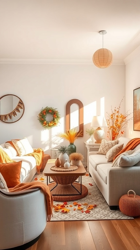 Cozy living room decorated for autumn with warm colors and seasonal decor.