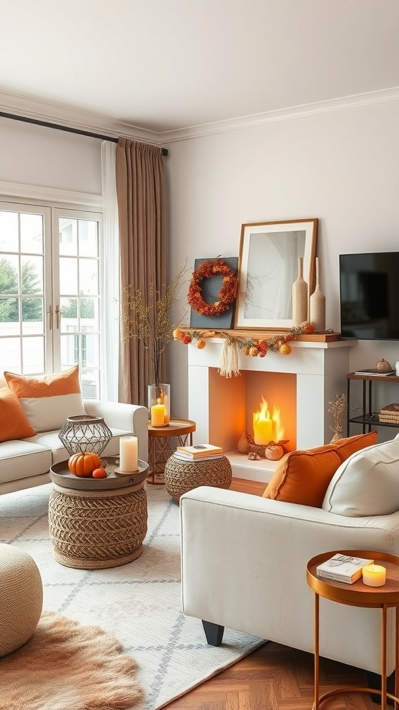 Cozy living room decorated for autumn with pumpkins, candles, and warm colors.