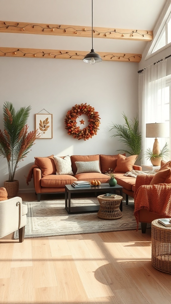 A rustic living room with orange decor, a wreath, and natural elements.