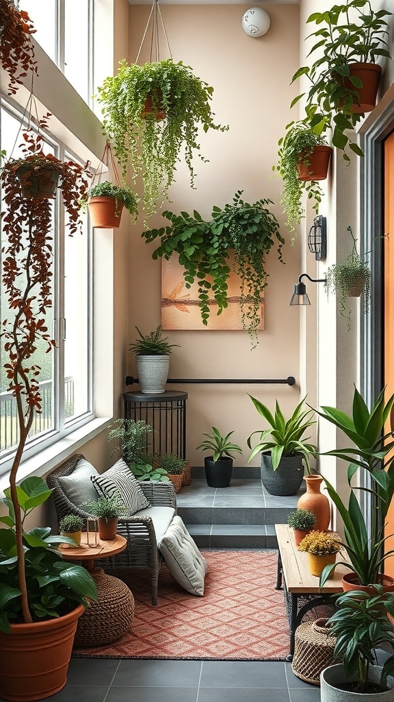 A narrow balcony filled with hanging plants, cozy seating, and decorative elements.