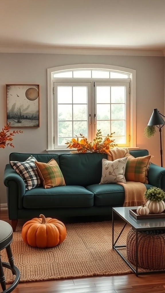 A cozy living room featuring a dark green couch decorated with autumn-themed pillows, a pumpkin, and warm lighting.