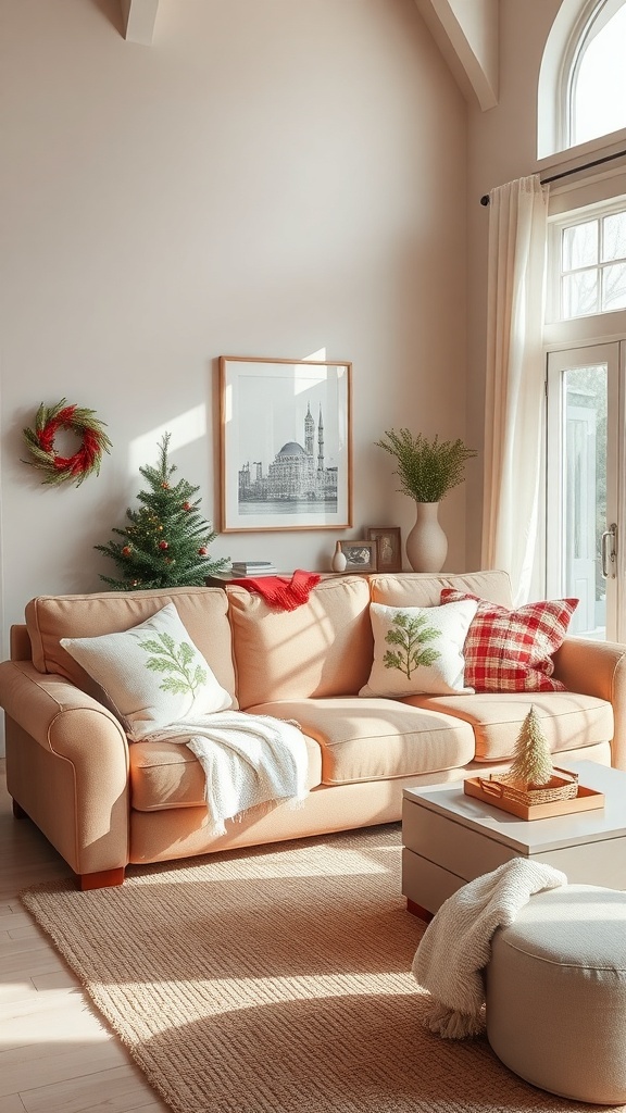 Cozy living room with a light brown couch, seasonal decor including pillows, a small Christmas tree, and a wreath.