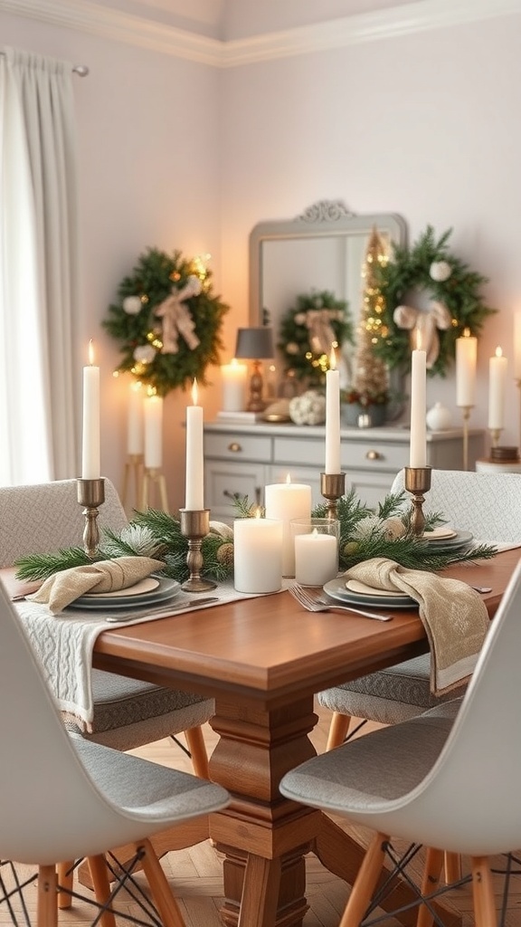 A cozy winter dining table set with candles and greenery.