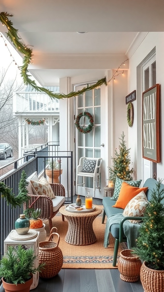 A cozy, decorated balcony with seasonal decor including small trees, cushions, and string lights.