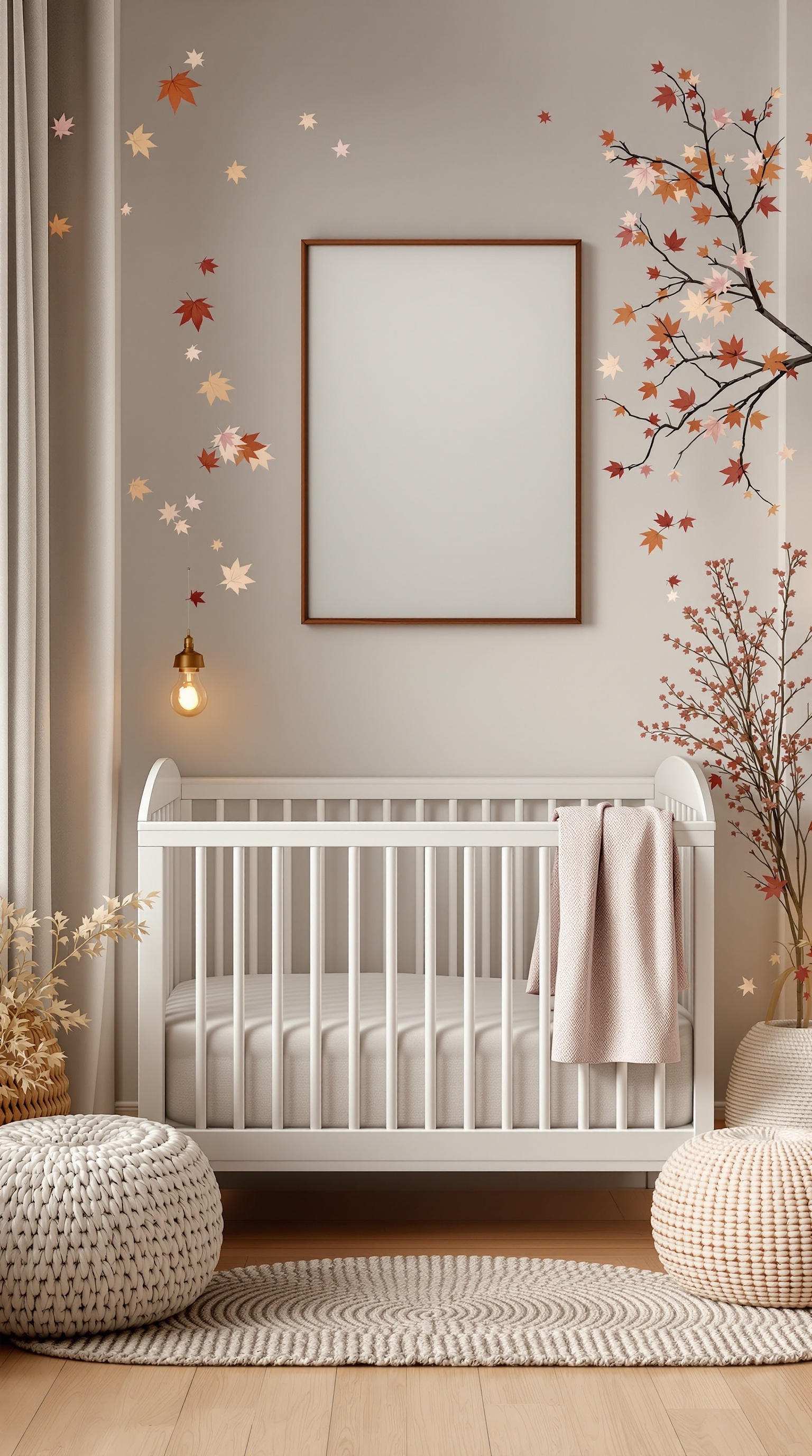 A cozy nursery with a white crib, autumn-themed wall decor, and soft lighting.