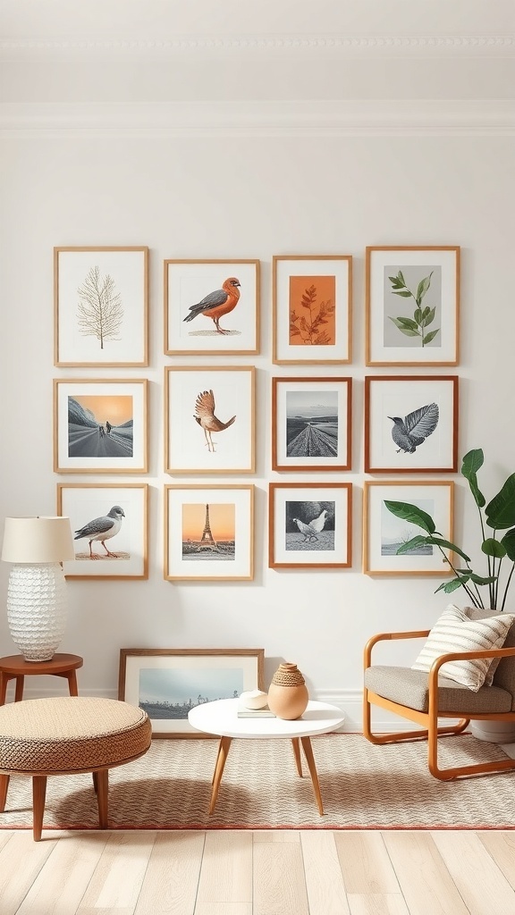 A gallery wall with framed nature-themed art, a cozy chair, and a coffee table in a bright living room setting.