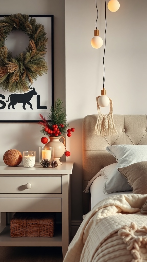 A cozy nightstand decorated with seasonal decor, featuring a wreath, candles, and ornaments.