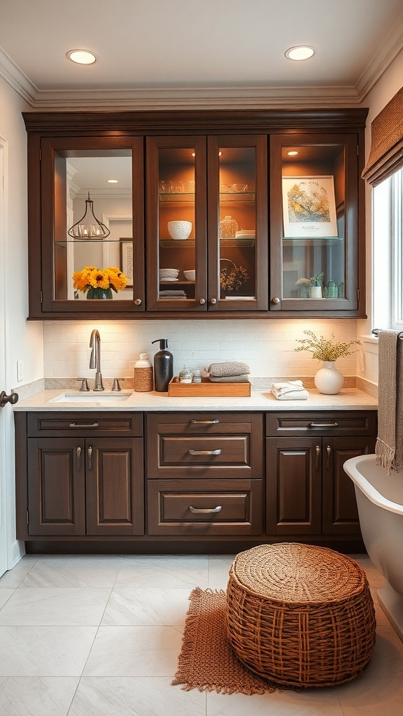 A stylish bathroom cabinet with warm wood tones, glass doors, and seasonal decor elements.