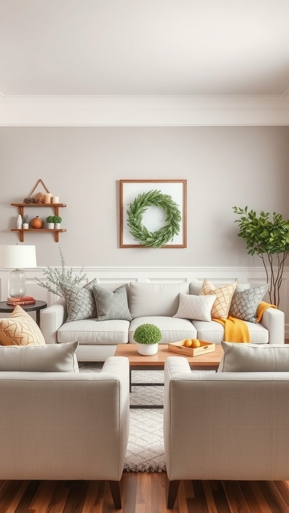 Cozy living room with an accent wall featuring a green wreath and seasonal decor.