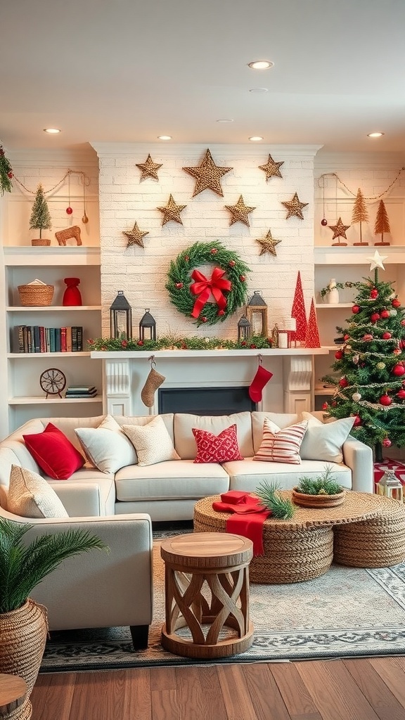 A cozy living room with a white brick accent wall decorated for the holidays, featuring a wreath, stars, and festive decor.