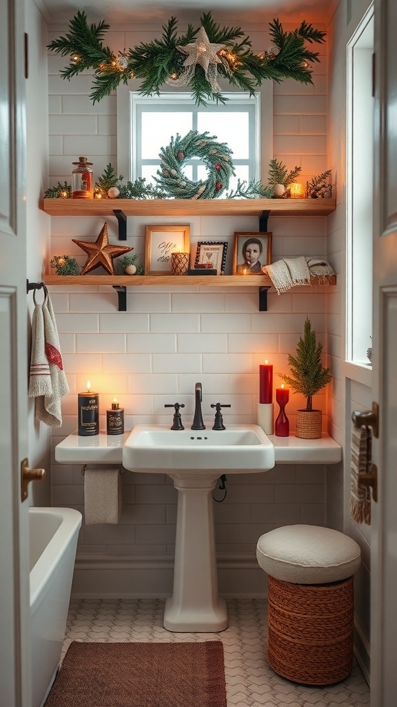 Decorated bathroom shelves with holiday elements like greenery, candles, and festive decor.