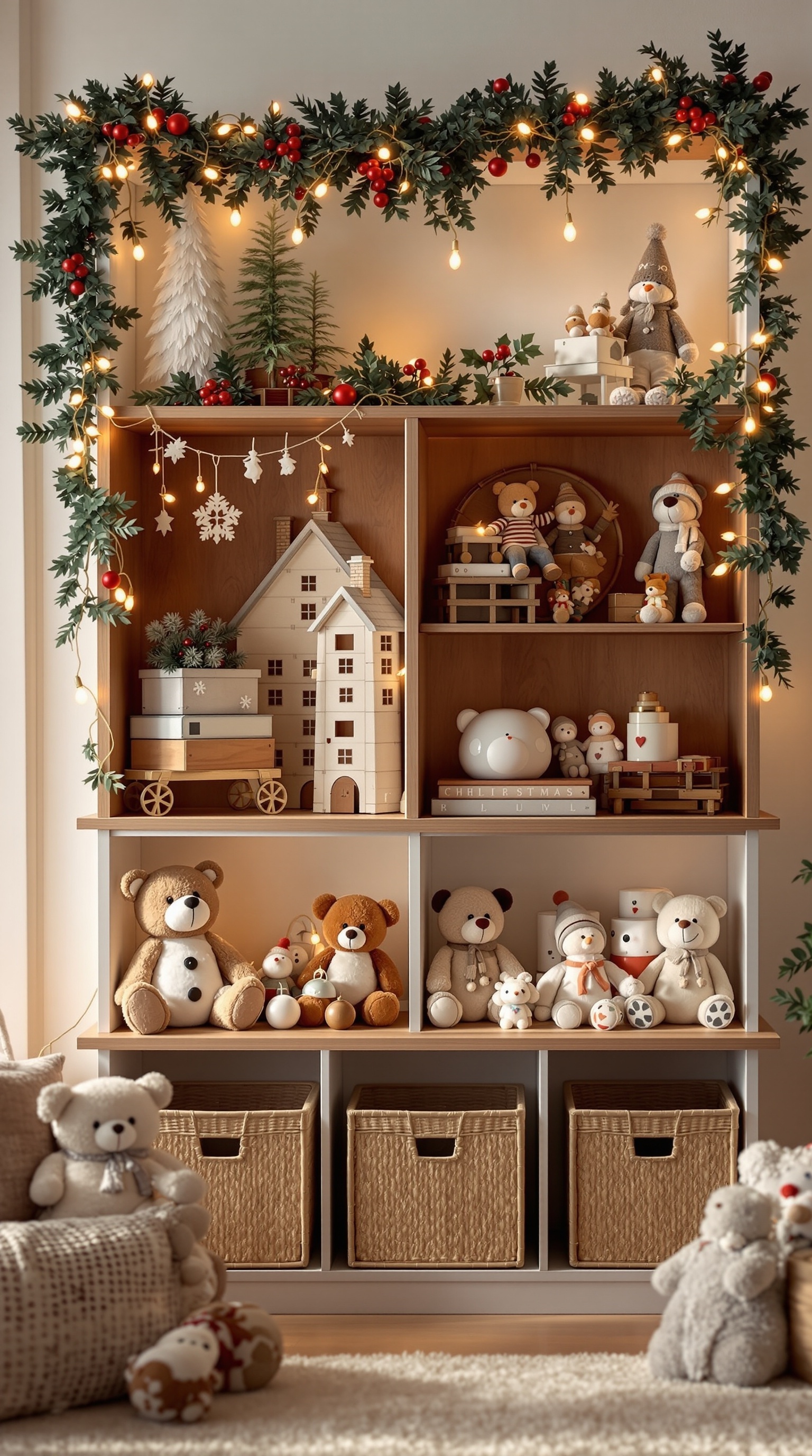 A cozy toy shelf decorated for the season with plush toys, lights, and greenery.