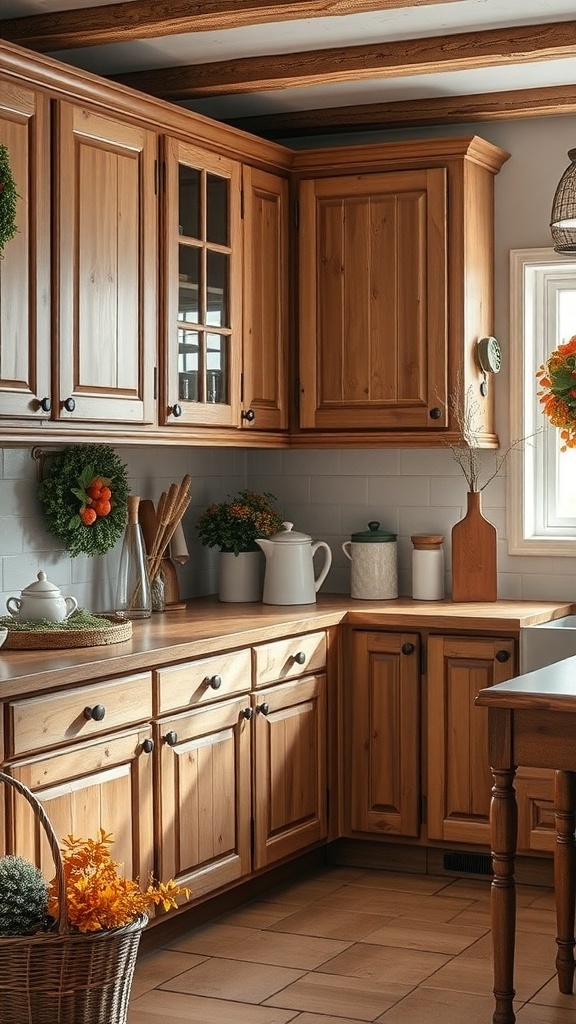 A rustic kitchen with wooden cabinets, seasonal decor including wreaths and fruits.