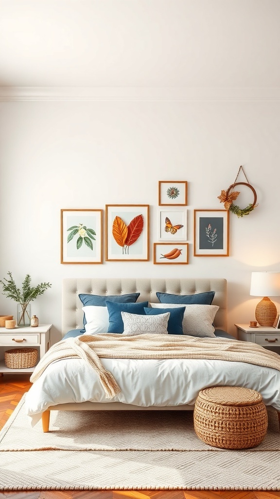A cozy bedroom with a gallery wall featuring nature-themed art and warm decor elements.