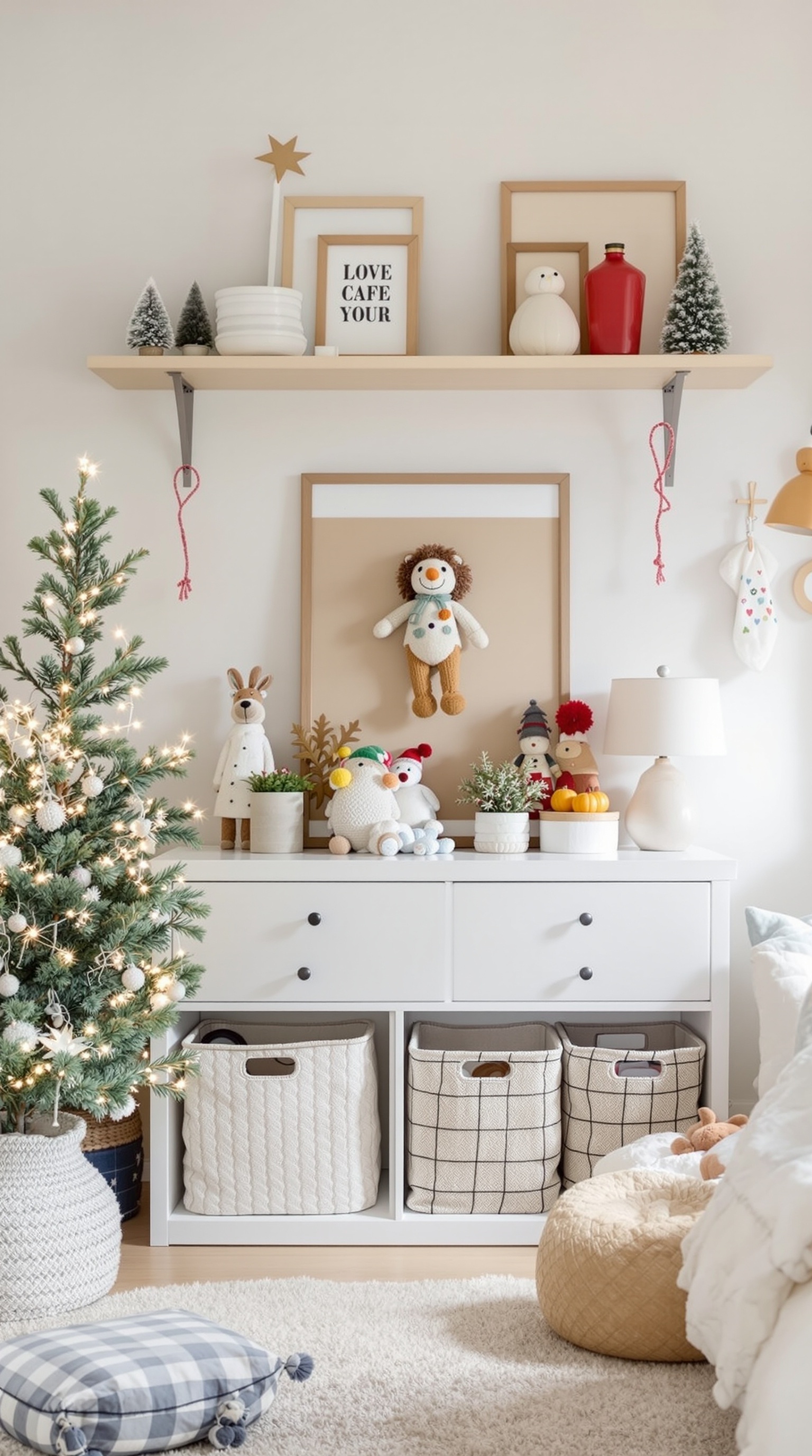 A toddler's room decorated for the holidays with a small Christmas tree, plush toys, and organized storage bins.