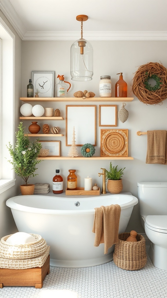 A stylish bathroom featuring wooden shelves with decor, plants, and warm tones.