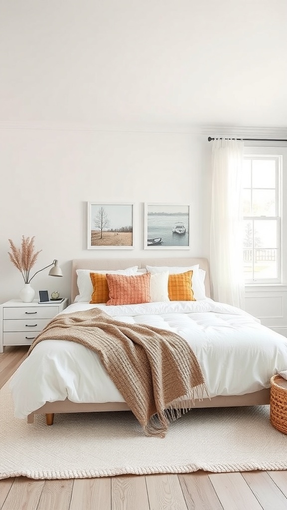 A cozy white bedroom featuring warm-toned pillows and a throw blanket, with natural light streaming in.