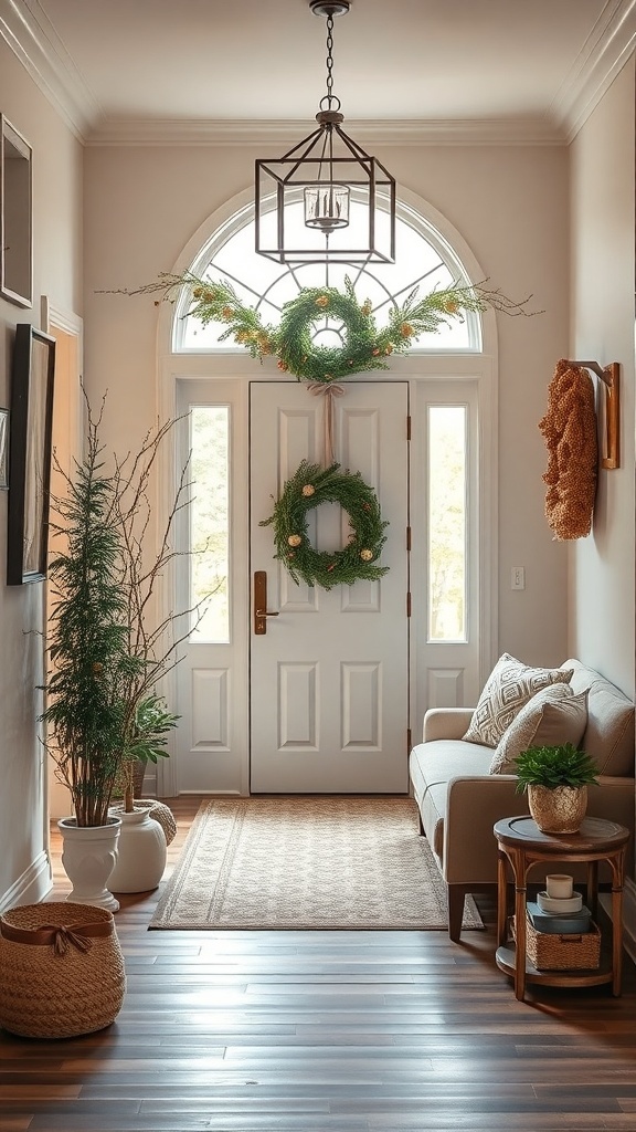 A cozy entryway featuring seasonal decor with wreaths on the door, potted plants, and a stylish light fixture.