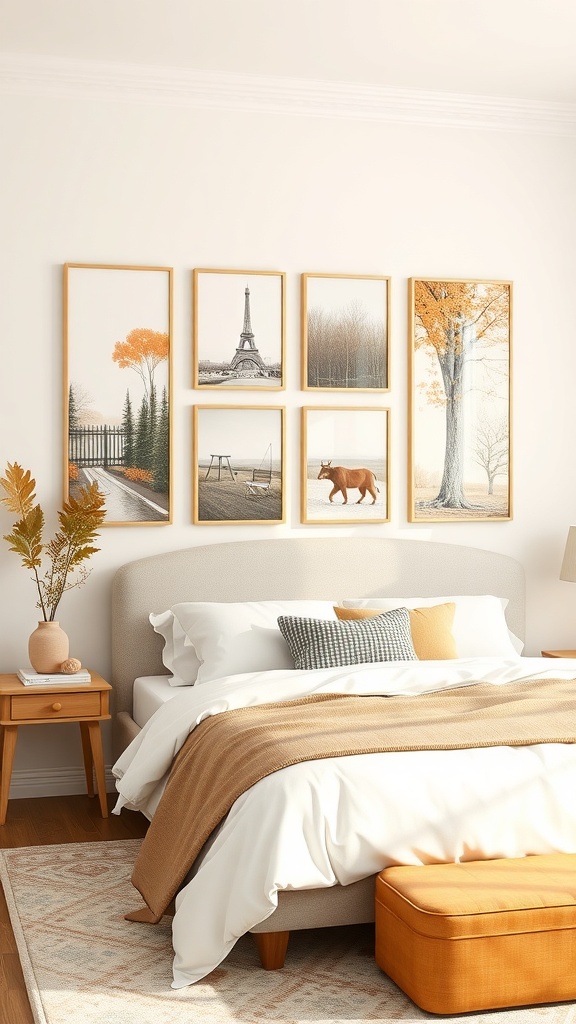 A cozy dorm room featuring seasonal wall art with autumn themes, including framed pictures and decorative elements.