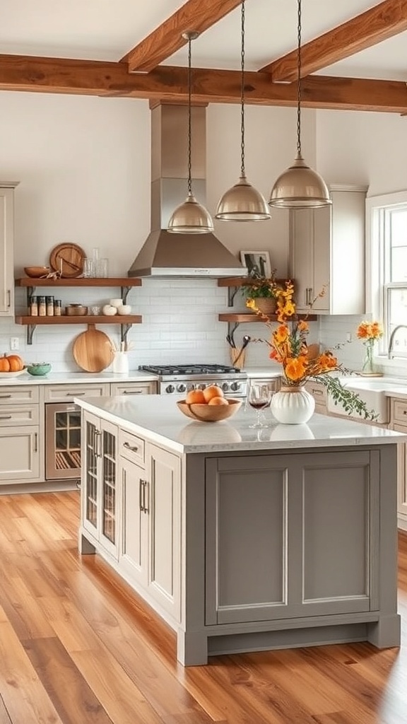A beautifully decorated kitchen island featuring autumn-themed decor with flowers and oranges.
