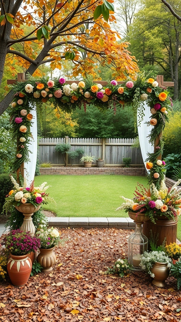 A charming backyard wedding setup with an arch decorated with colorful flowers and a lush green lawn.