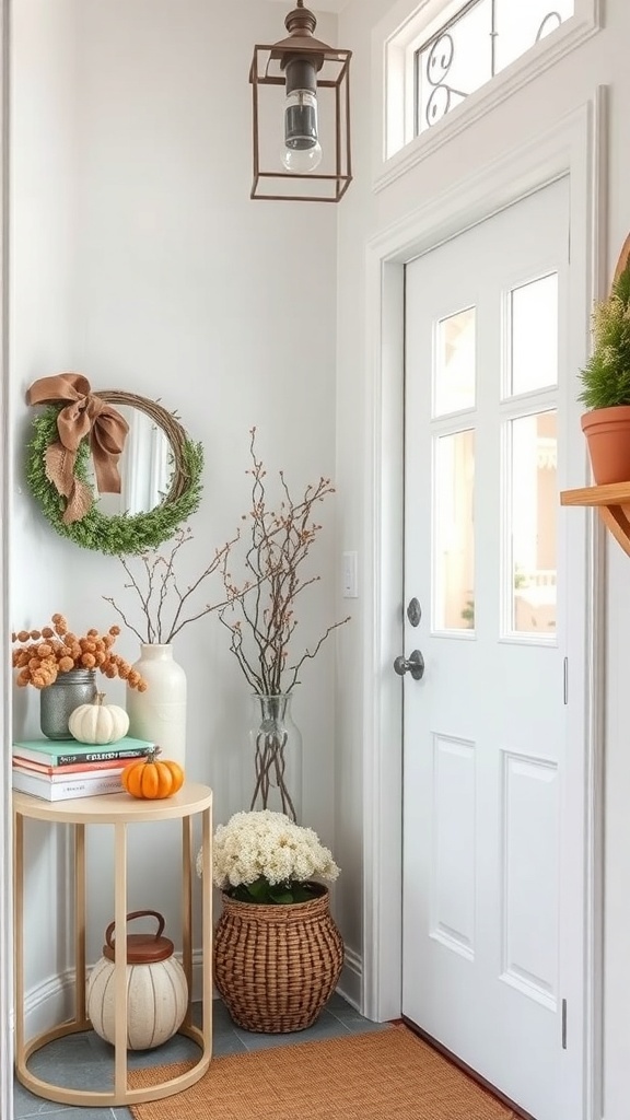 A cozy entryway decorated for autumn with a wreath, pumpkins, and flowers.