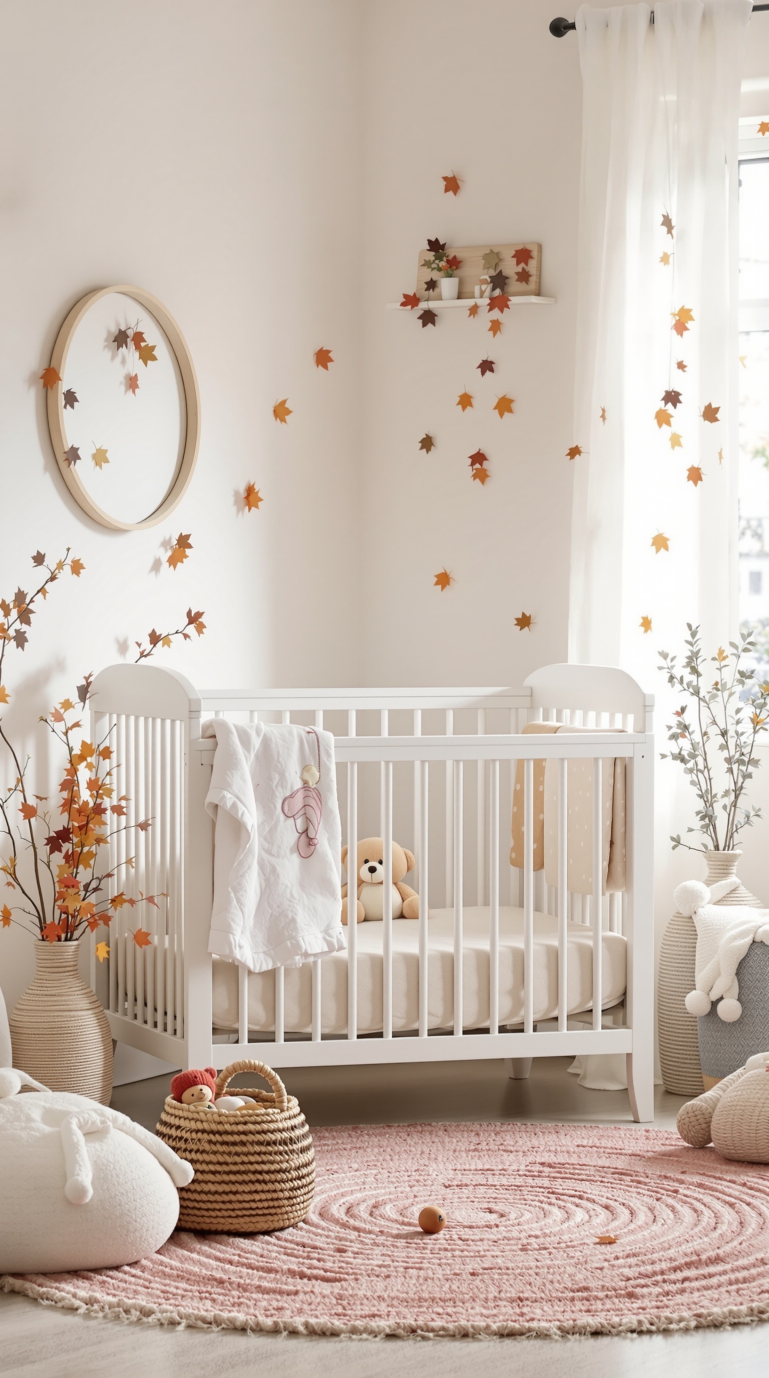 Cozy baby room decorated for autumn with leaves and soft furnishings.
