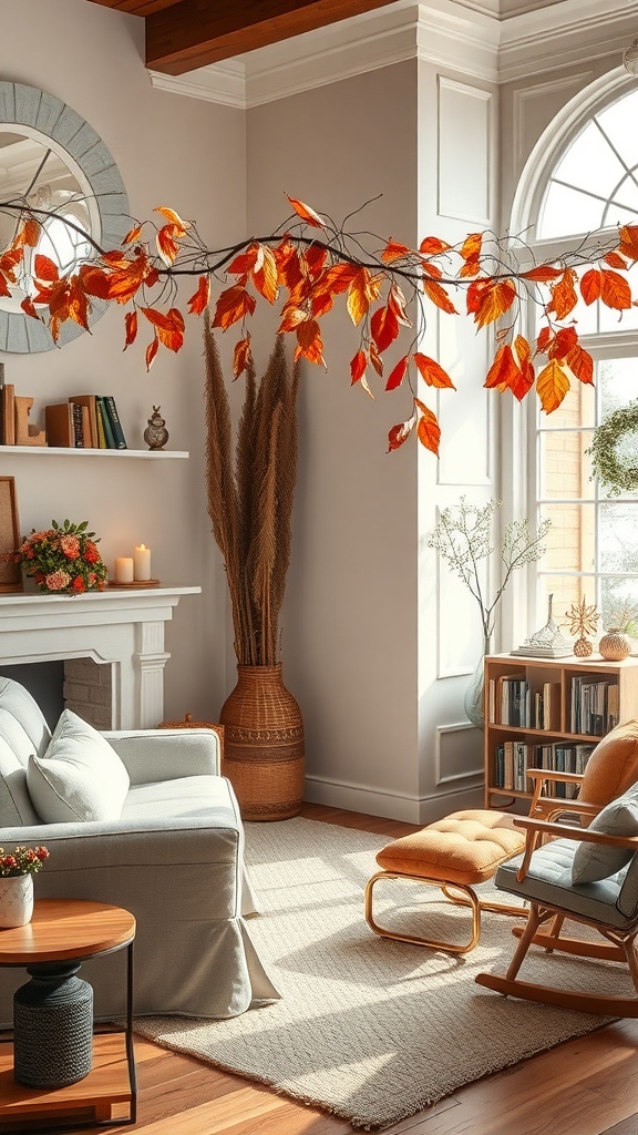 Cozy reading room decorated with autumn leaves and warm lighting.