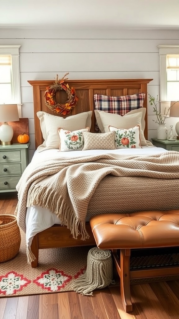 Cozy farmhouse bedroom with seasonal decor, featuring a wooden bed, warm bedding, decorative pillows, and a wreath.