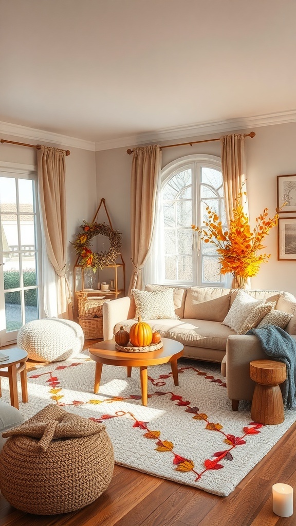A cozy living room decorated for autumn with pumpkins, a wreath, and colorful leaves.