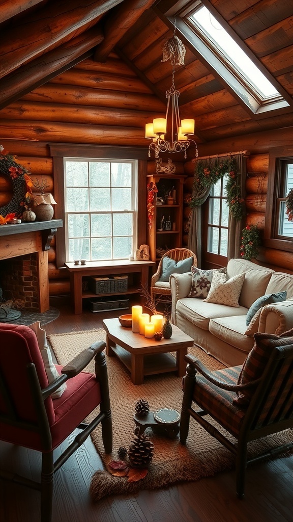 Cozy rustic cabin living room with seasonal decor, featuring candles, pinecones, and wreaths.