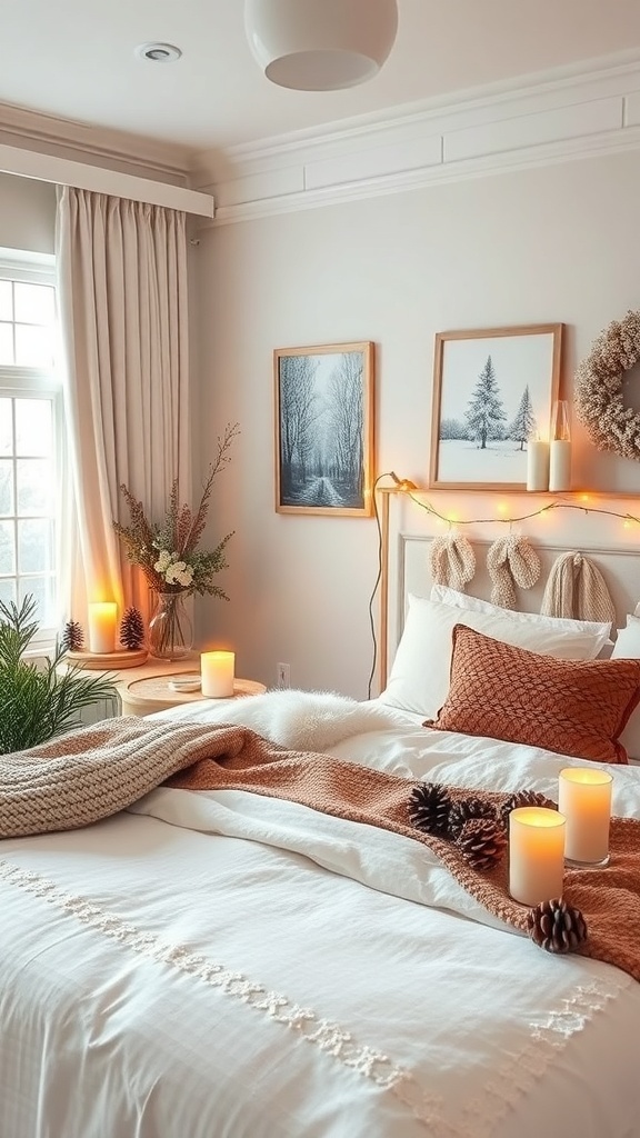 A cozy winter bedroom with soft lighting, warm blankets, and seasonal decor.