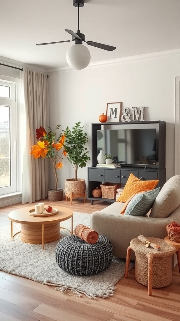 Cozy living room decorated for autumn with plants, pumpkins, and warm colors