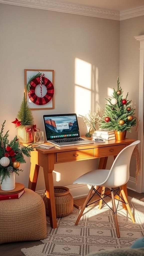 A cozy desk setup featuring seasonal decor with small Christmas trees, a wreath, and a wooden desk.