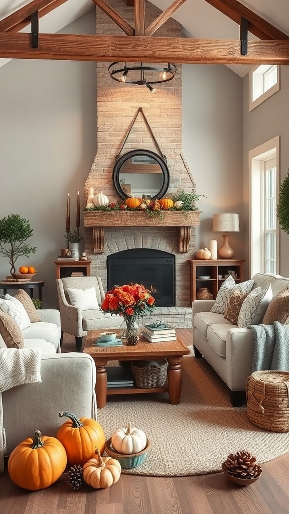 Cozy rustic living room decorated for fall with pumpkins, flowers, and wooden accents.