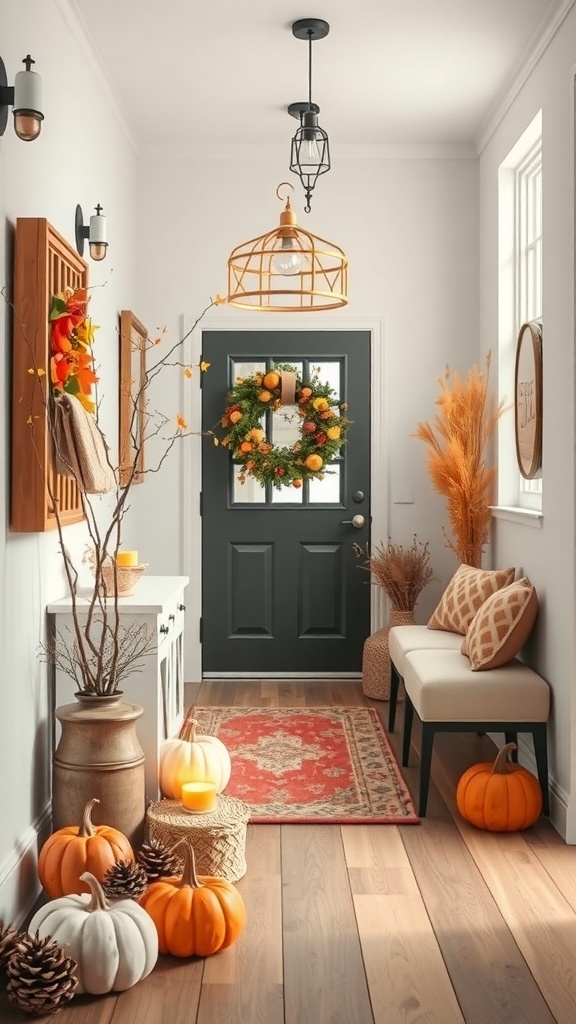 A rustic entryway decorated for autumn with a wreath, pumpkins, and warm lighting.