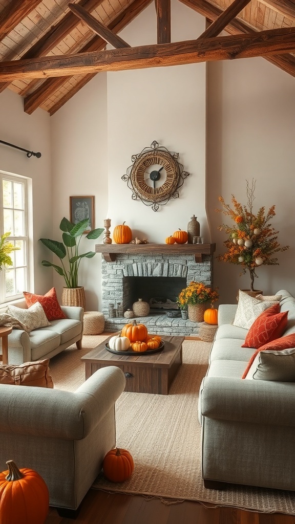 A cozy rustic living room decorated for fall with pumpkins, warm colors, and natural elements.