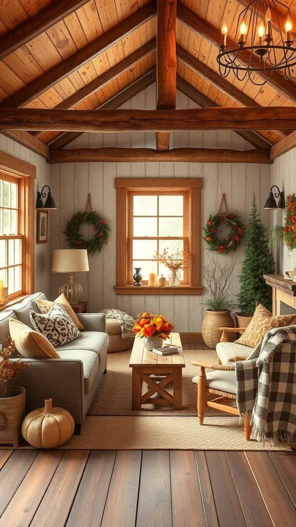 A cozy rustic cottage living room with wooden beams, seasonal decor, and warm lighting.