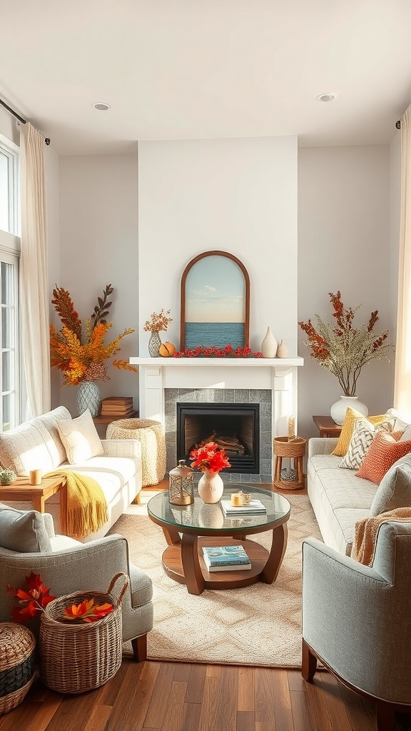 Cozy living room decorated for autumn with warm colors and seasonal decor.