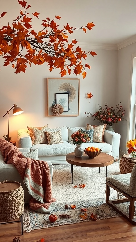 A cozy living room decorated for fall with orange leaves, a soft blanket, and warm lighting.