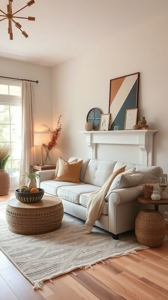 Cozy luxury living room with light-colored sofa, decorative pillows, and seasonal decor.