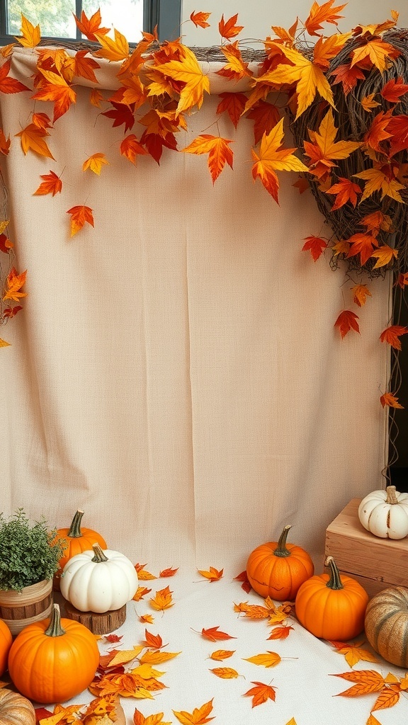 Bridal shower backdrop featuring autumn leaves, pumpkins, and a neutral fabric